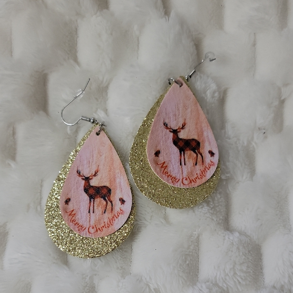 Gold and Pink Merry Christmas Earrings